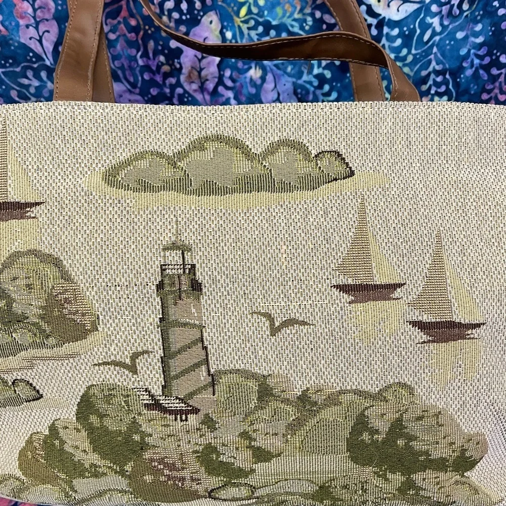 Vintage Lighthouse and sailboat tapestry bag Large